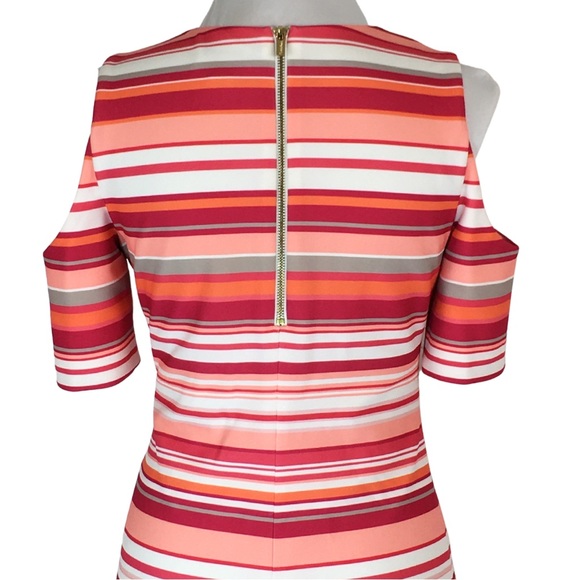 Calvin Klein HIBISCUS Pink Orange Striped Cold Shoulder A-Line Midi Dress size 6 - Picture 12 of 16